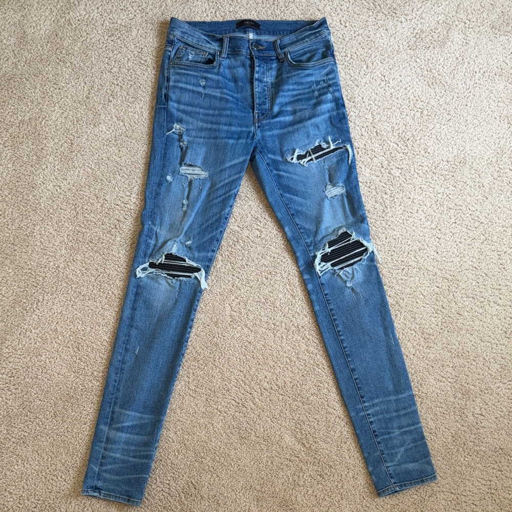 AMIRI Distressed Straight Jeans in Medium Blue